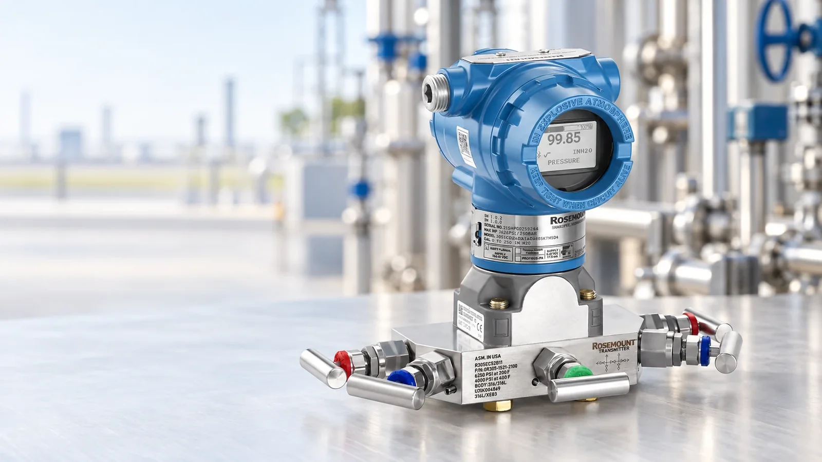 Rosemount 3051 lắp cùng manifold trong nhà máy công nghiệp