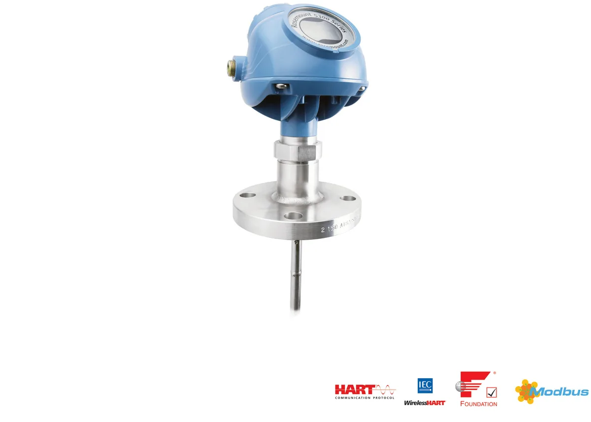 Rosemount 5300: tín hiệu radar chạy dọc que dò tiếp xúc môi chất, cho echo khỏe trong điều kiện bọt, hơi và xáo trộn.