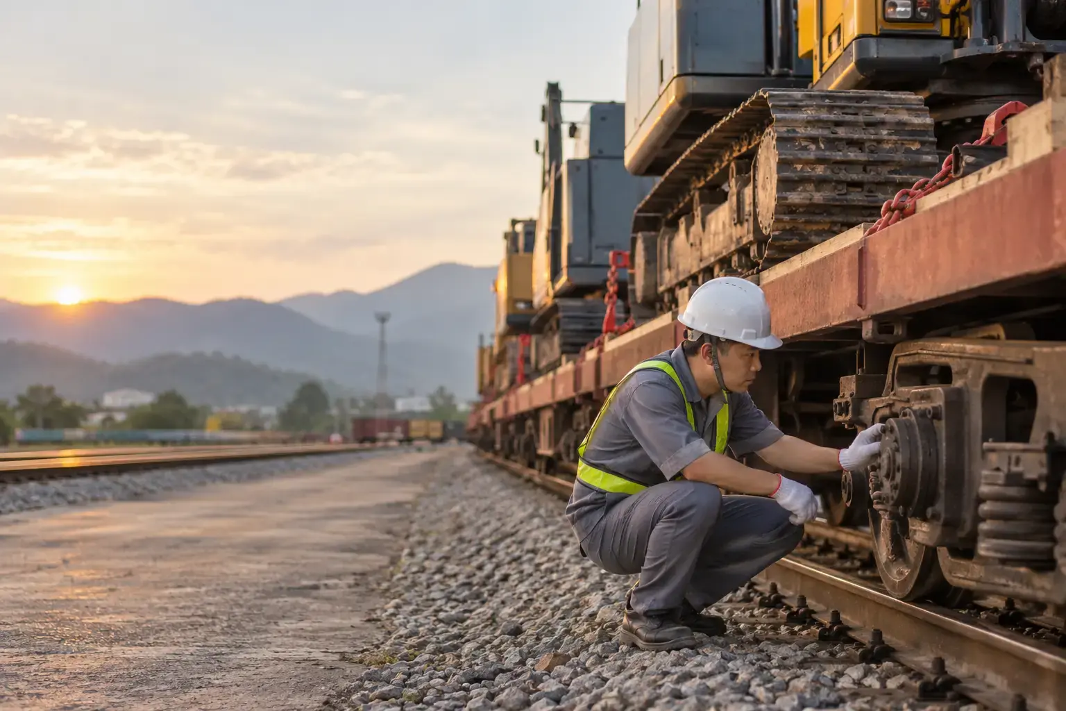 Kỹ thuật viên kiểm tra hộp trục toa xe hàng lúc hoàng hôn