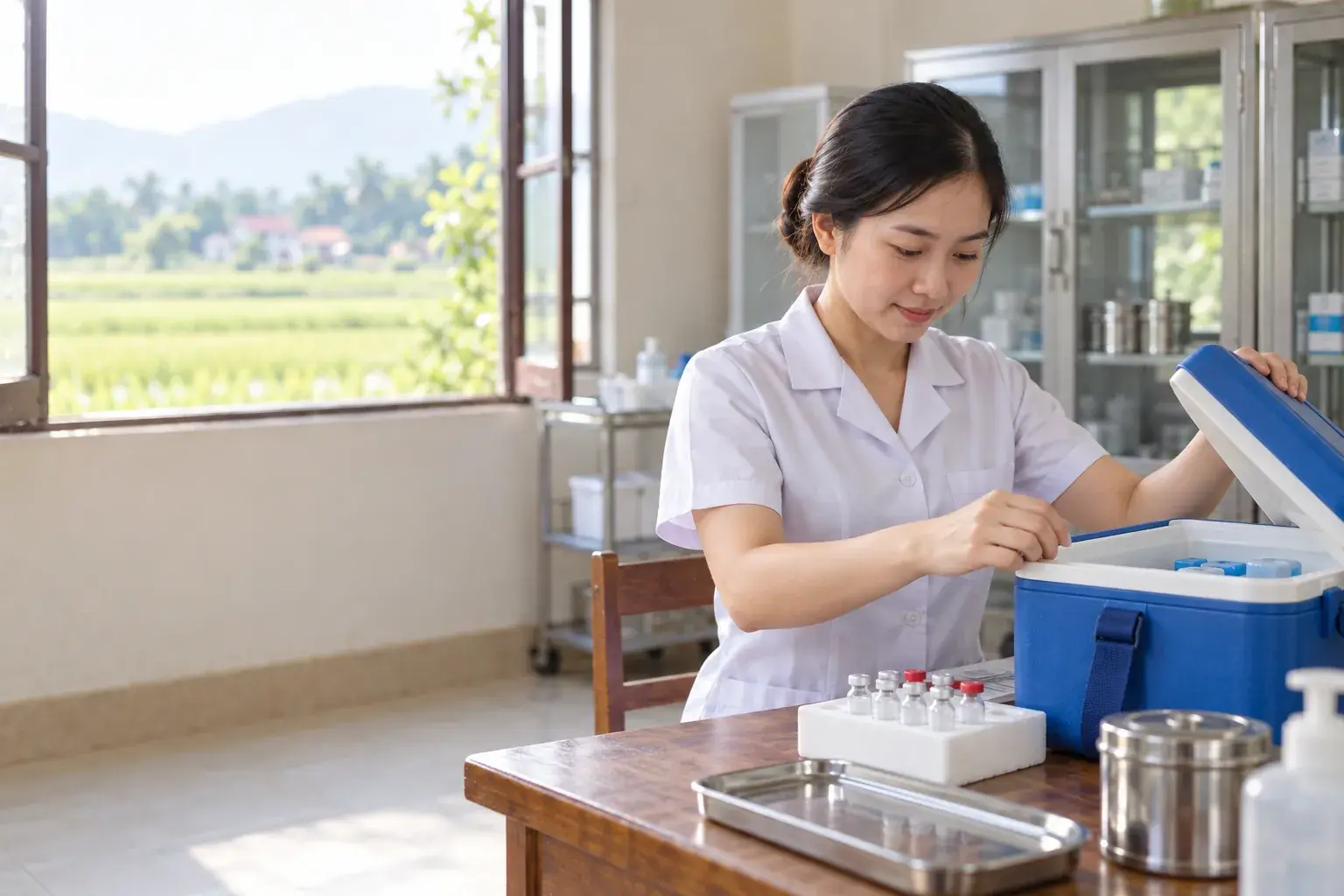 Nhân viên trạm y tế xã mở hòm lạnh bảo quản vaccine