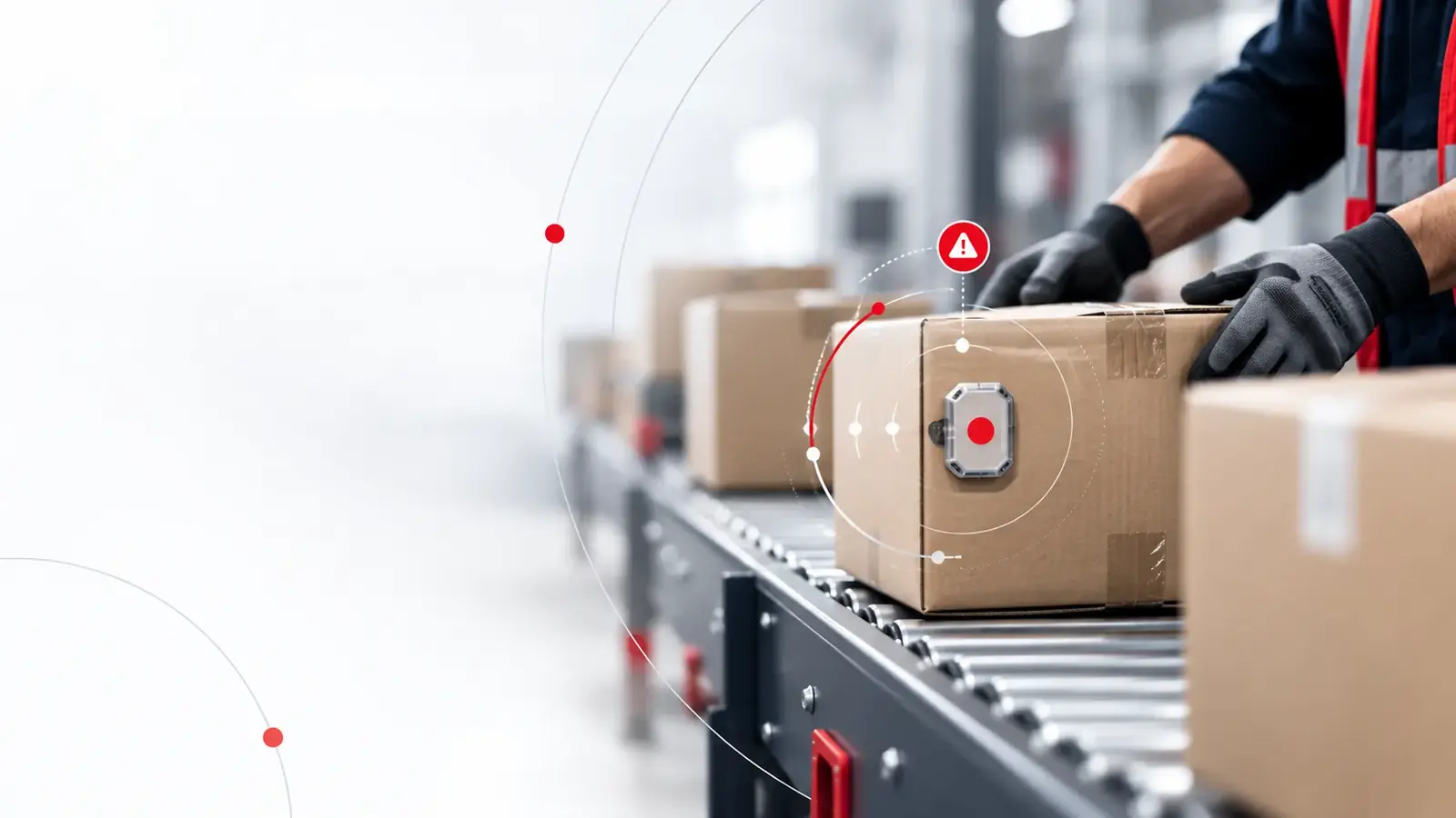 Thùng carton gắn chỉ thị va đập trên băng tải kho phân phối