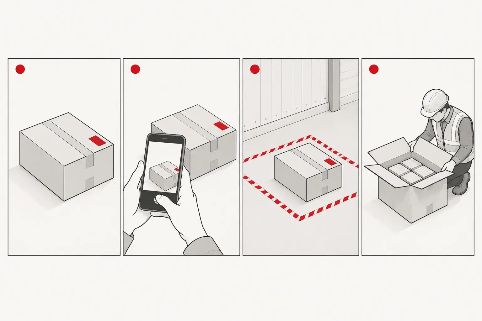 Minh họa bốn bước: phát hiện chỉ thị đổi màu, chụp ảnh, cách ly, kiểm tra