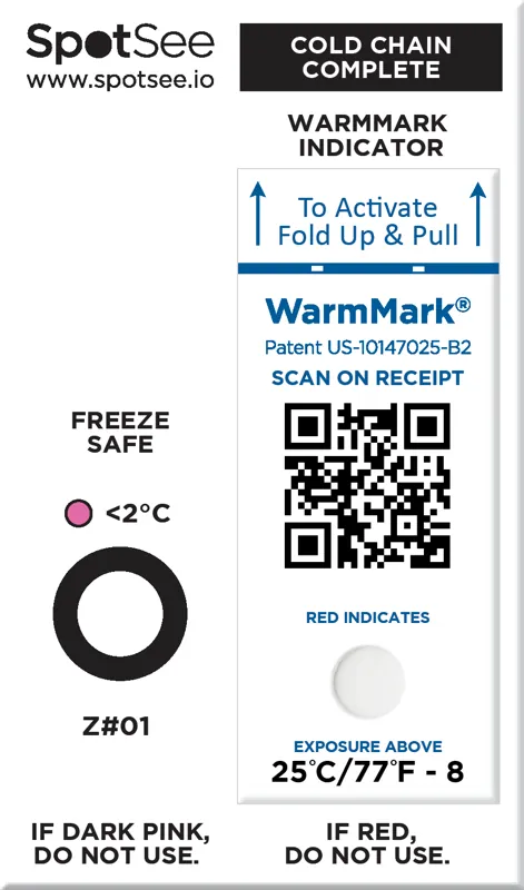 27182 – Chỉ thị chuỗi lạnh ColdChain Complete 2–25 °C, 8 giờ, kèm WarmMark QR